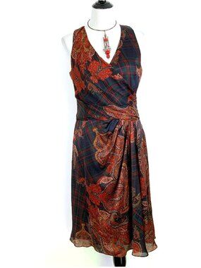 LAUREN Ralph Lauren  Silk Paisley and Plaid Faux Wrap Dress Size 10